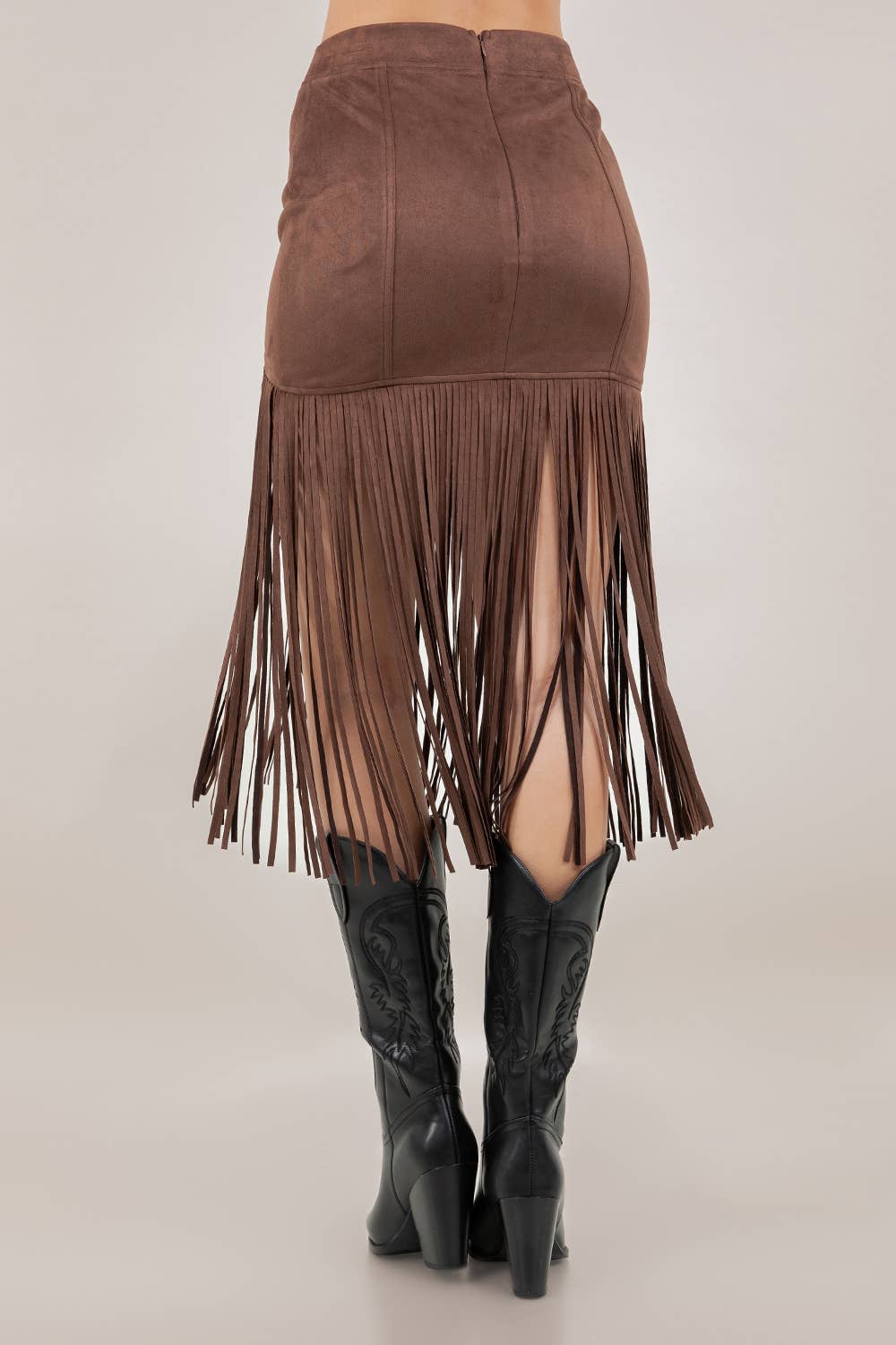 Fringed Faux Suede Skirt- Brown