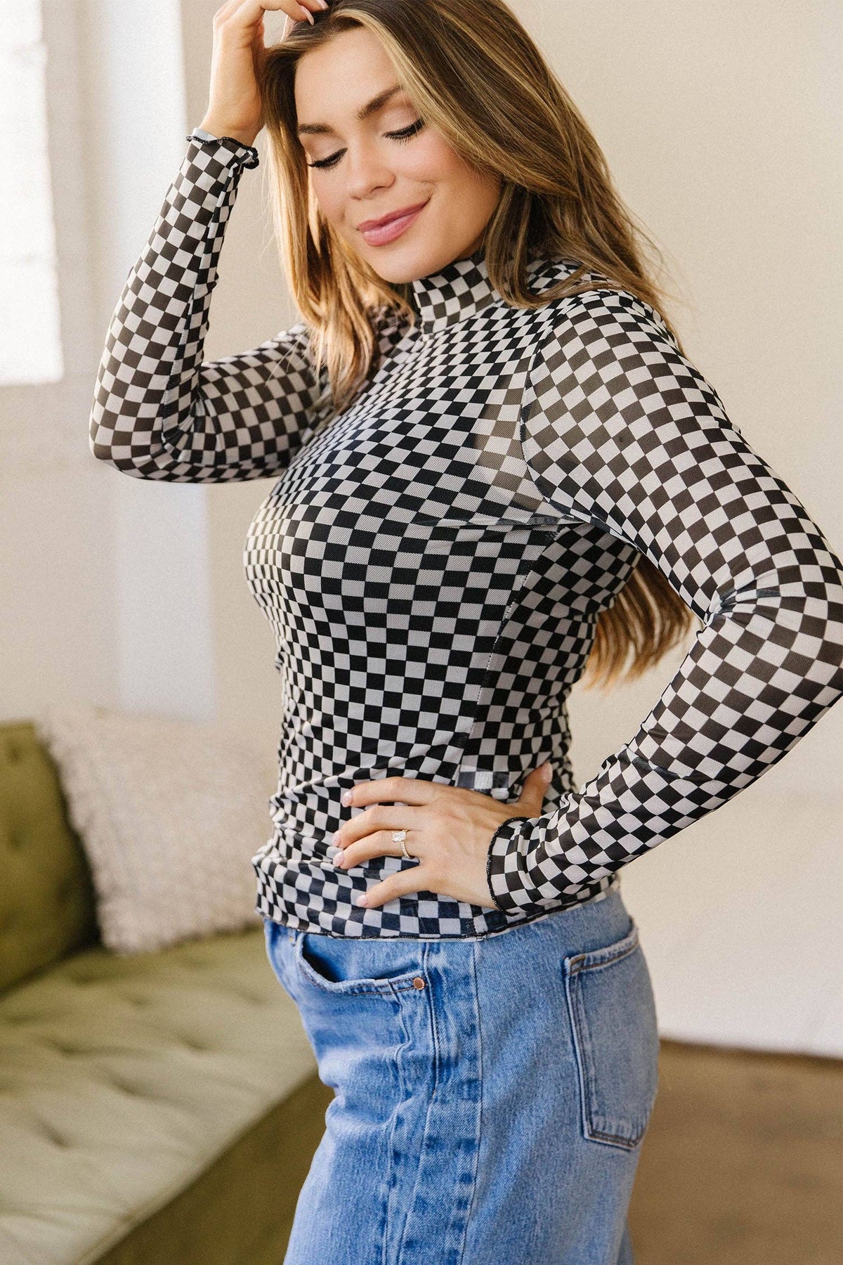 Plaid Long Sleeve Mesh Top- Black/White