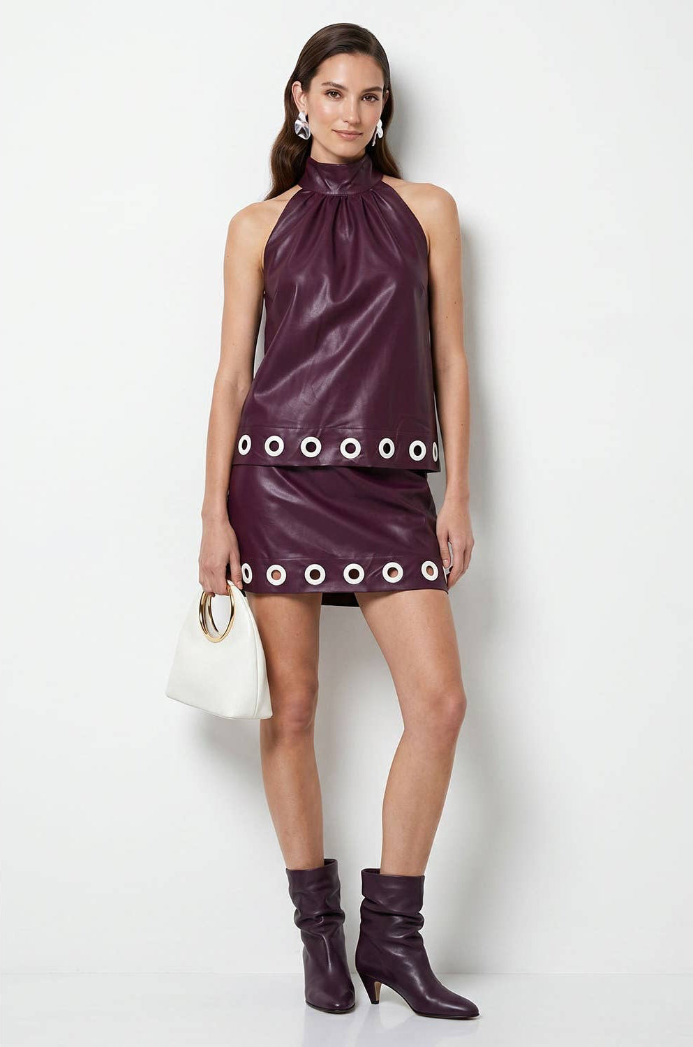 Vegan Leather Grommet Hem Skort- Wine