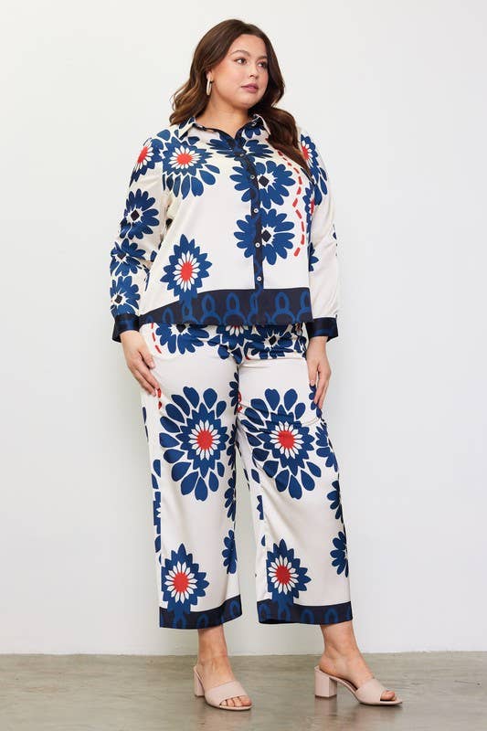 Plus Size Border Printed Elastic Waist Pants