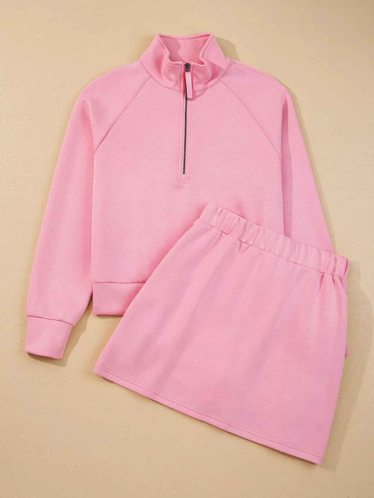 Collar Half Zip Pullover Mini Skirt 2pcs Outfit Set