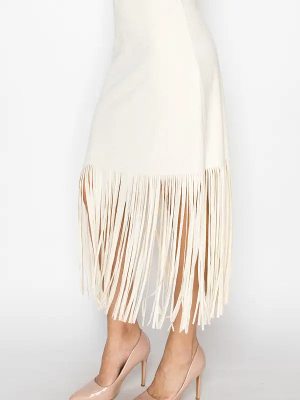 Faux Suede Skirt With Fringe Details- Beige
