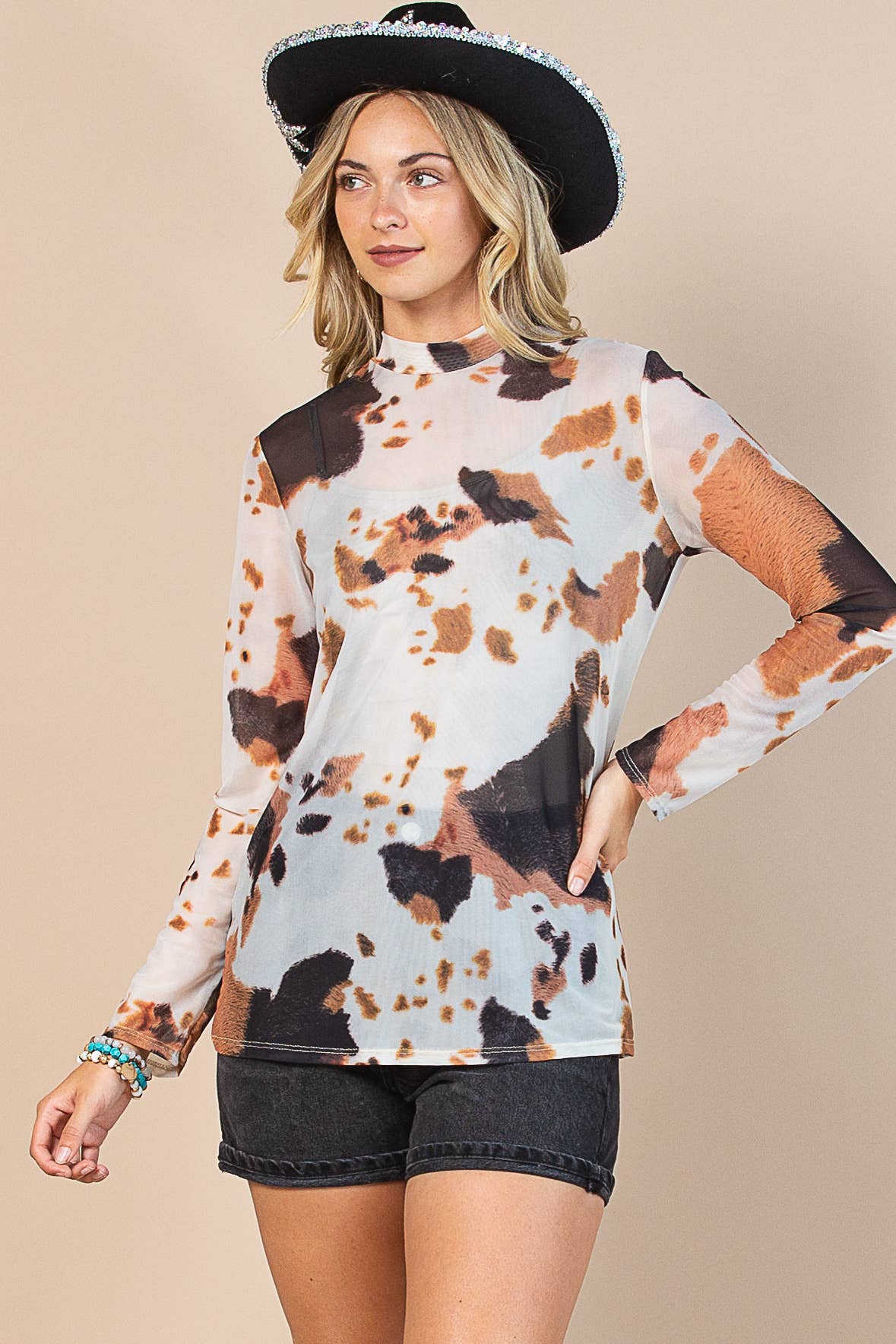 Cow Print Semi Sheer Long Sleeve Mock Neck Mesh Top
