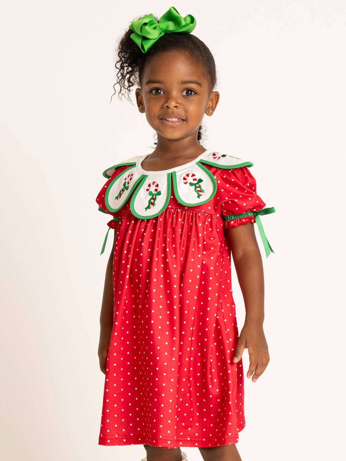 Candy Cane Embroidered Scallop Bow Dress- Red