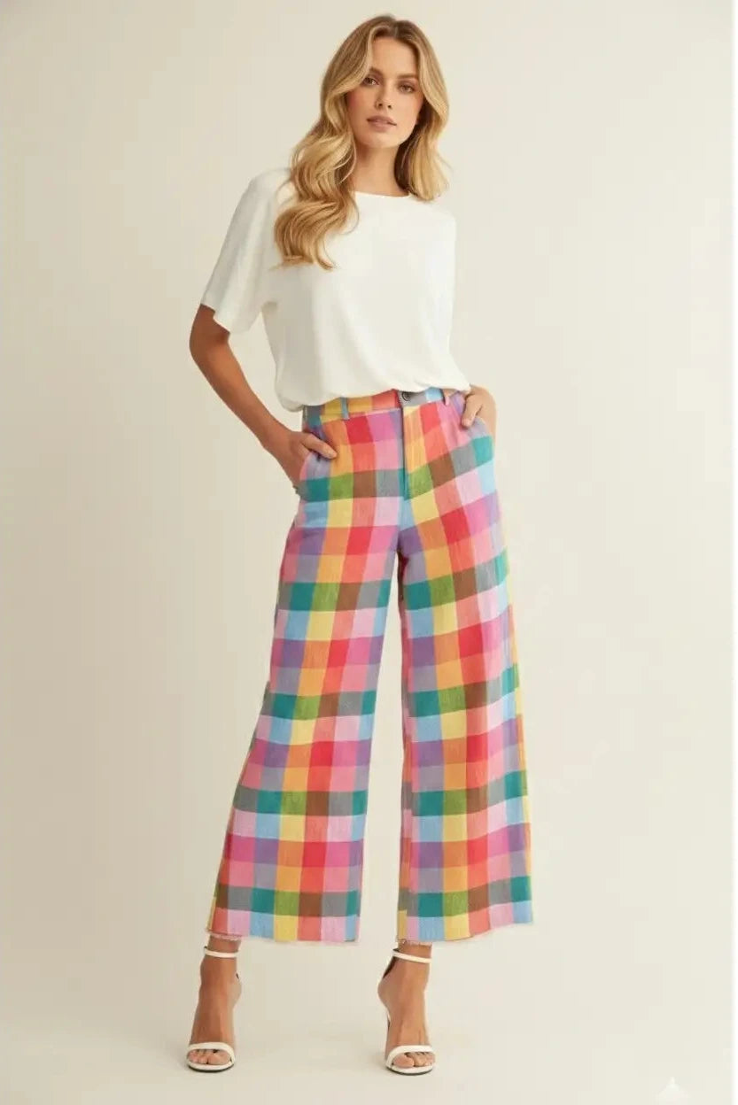 Check Pattern Wide Leg Tailored Pants