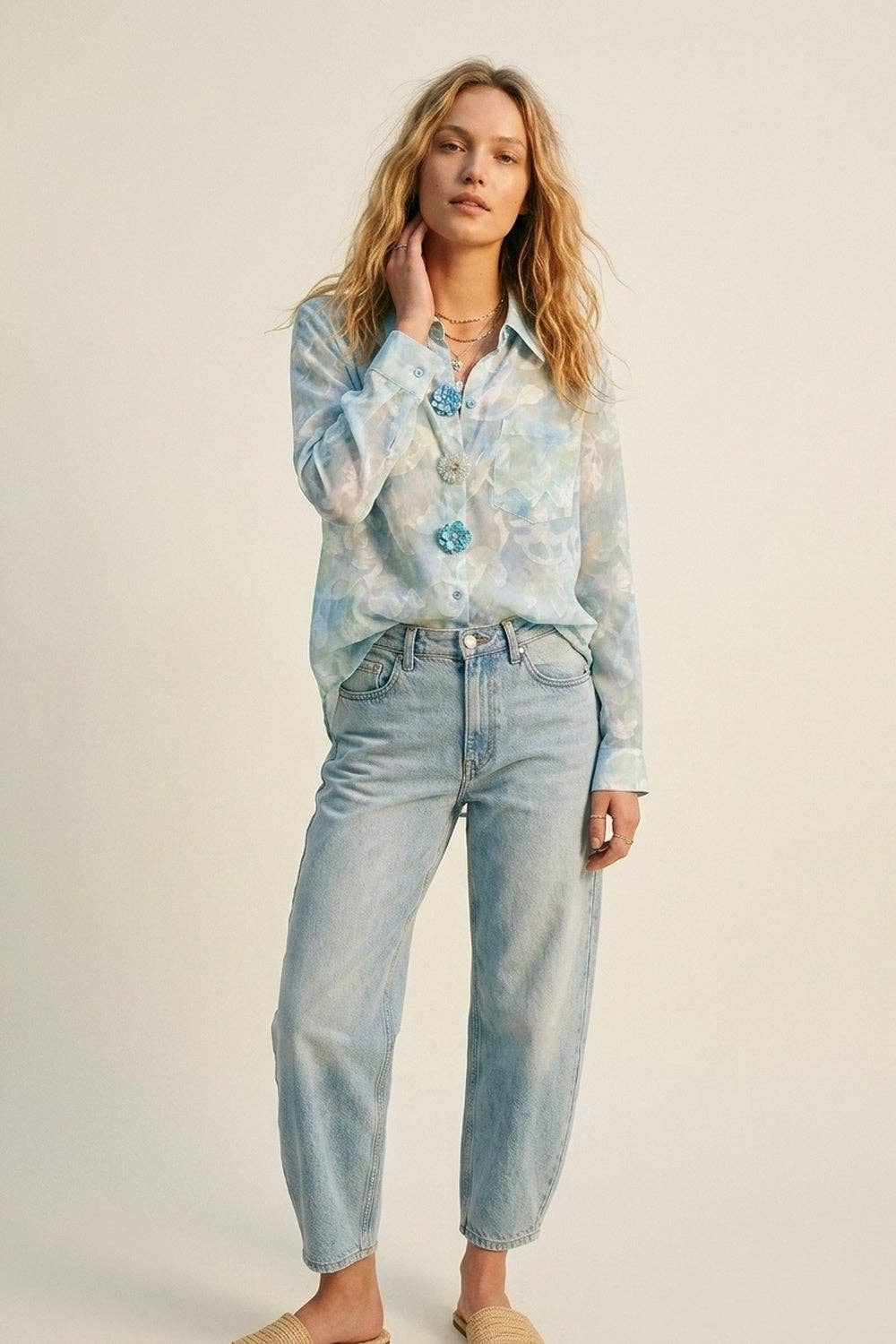 Lightweight Floral Print Button-Up Shirt- Blue