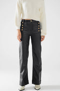 Faux Leather Trousers With Buttons- Black