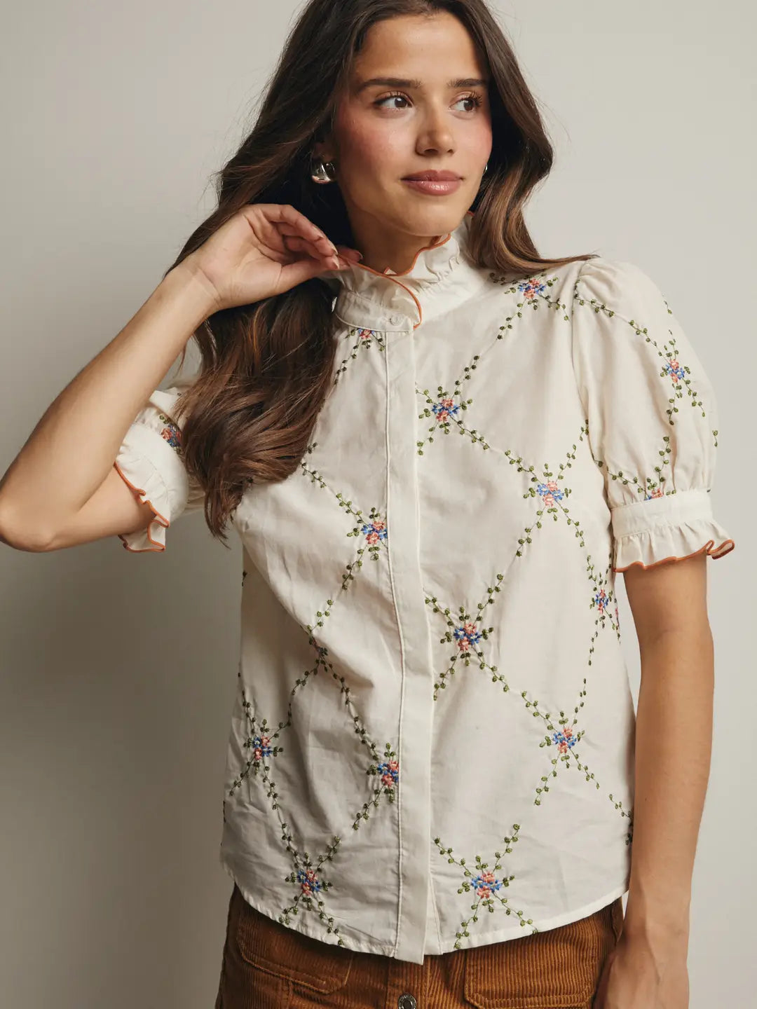 Embroidered Ruffle Collar Cotton Blouse
