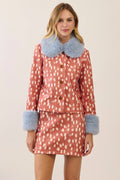 Faux Fur Trim Animal Print Jacket- Orange