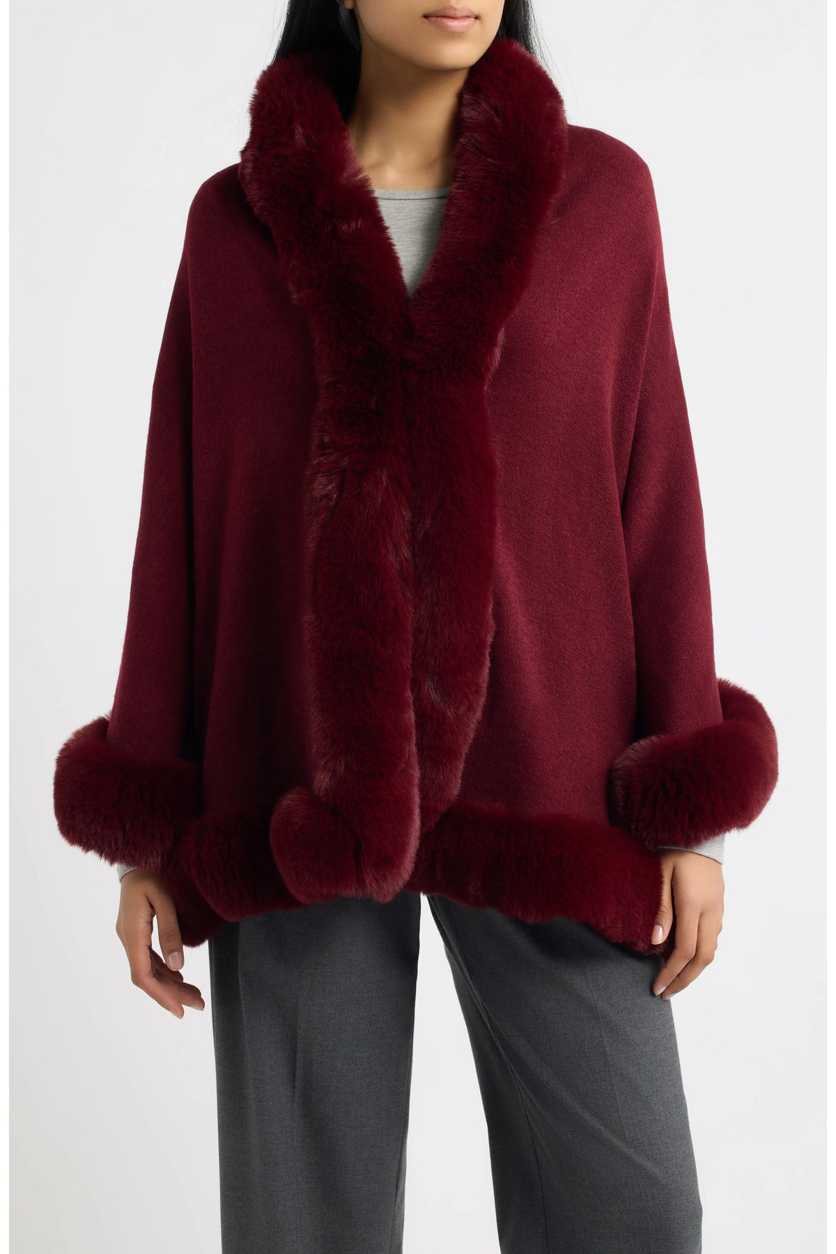 Faux Fur Knit Ruana- Burgundy