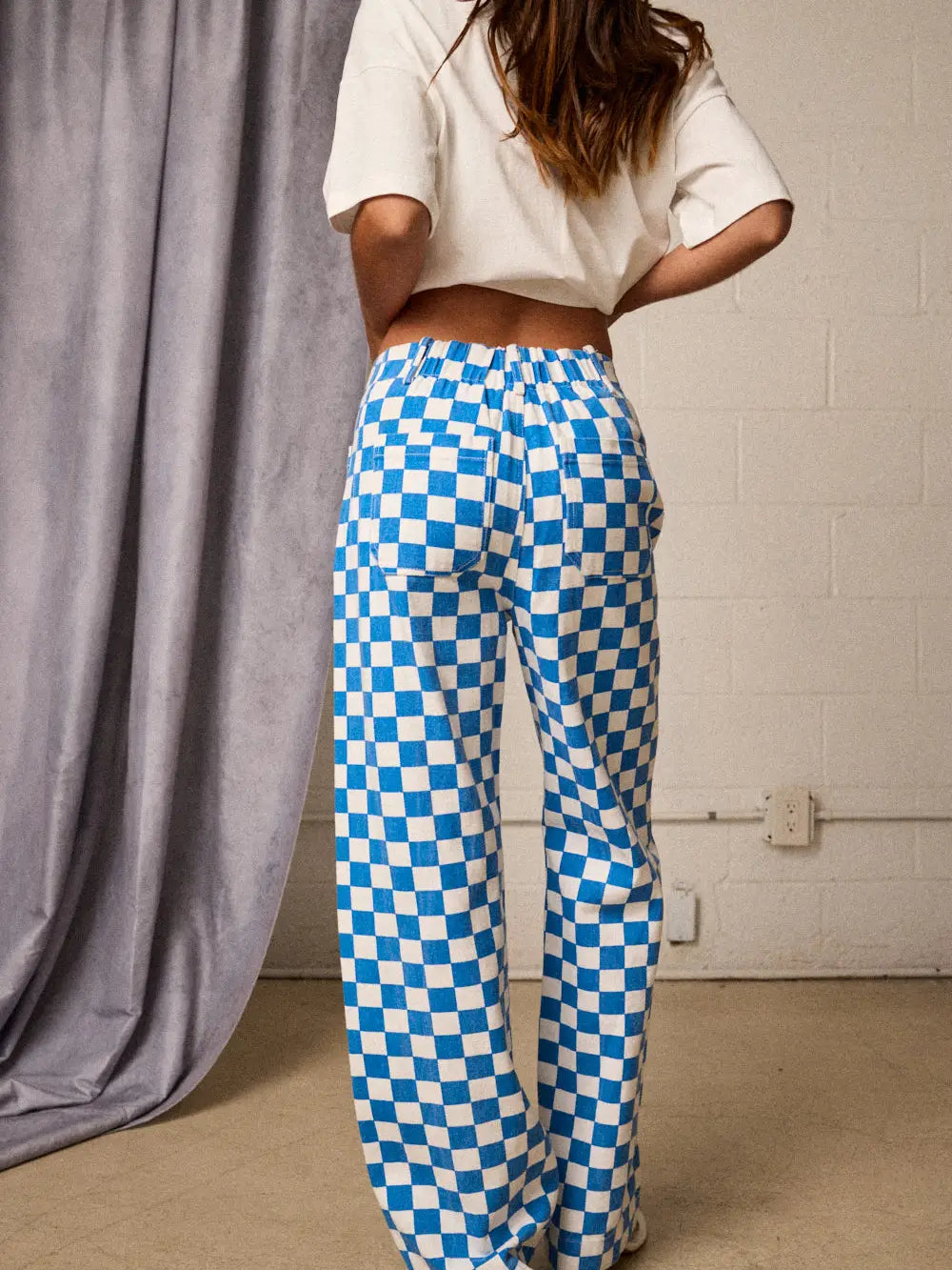 Checkered Jeans with Elastic Band- Blue/White