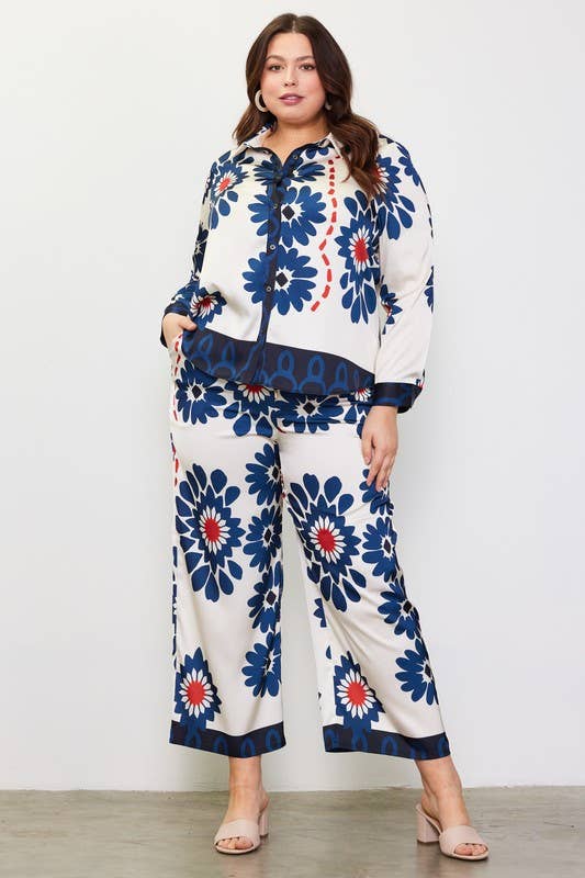 Plus Size Border Printed Elastic Waist Pants