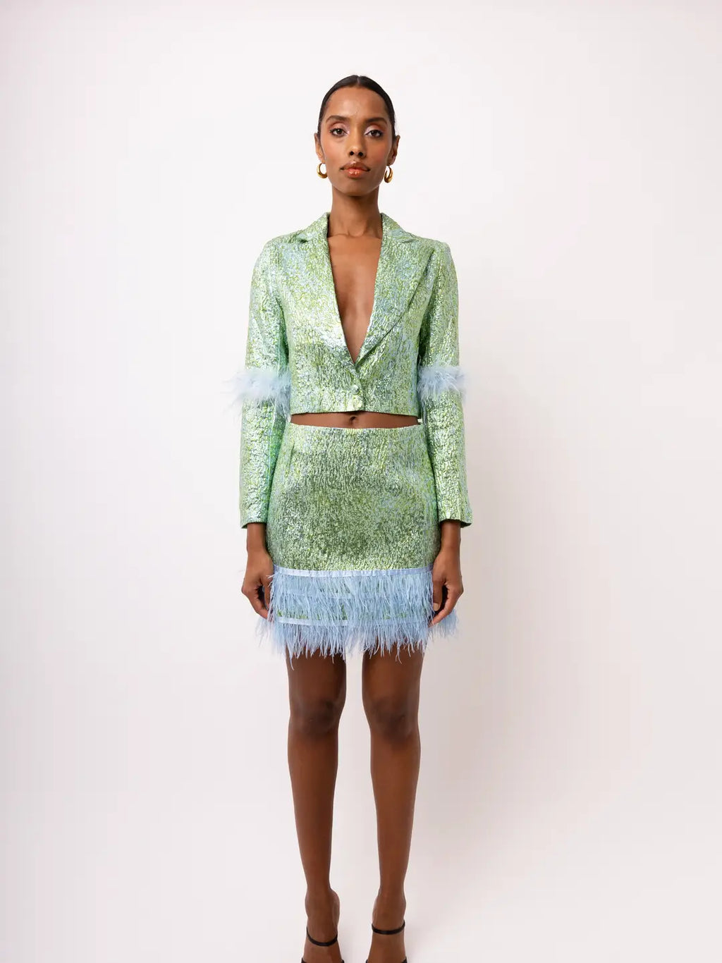 Feather Trim Mini Skirt- Green/Blue