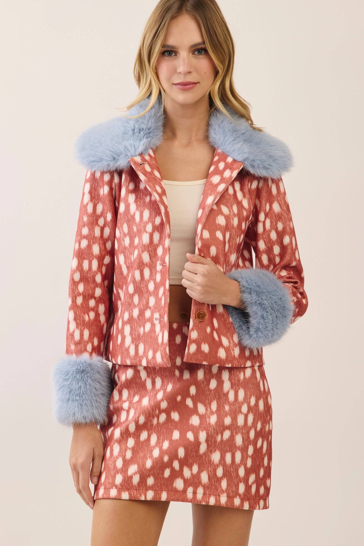 Faux Fur Trim Animal Print Jacket- Orange