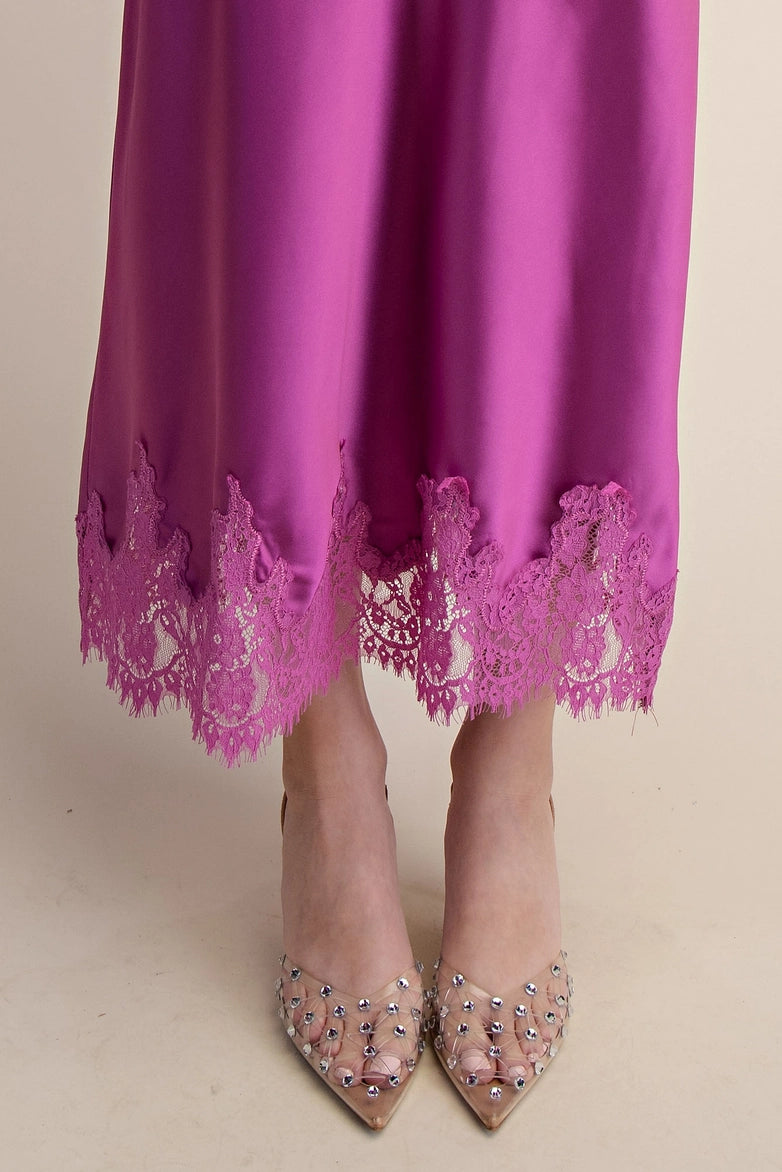 Elegant High Waist Midi Lace Satin Skirt- Purple