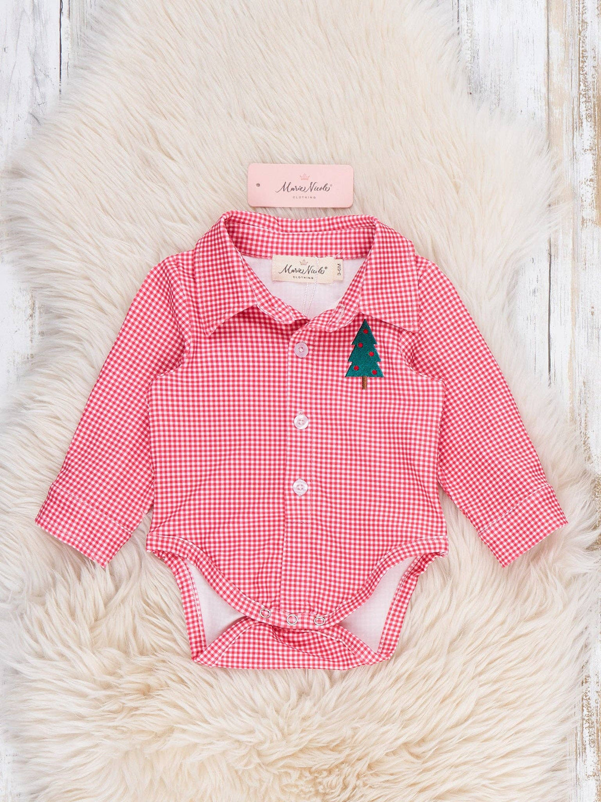 Christmas Tree Embroidered Bubble Romper- Red