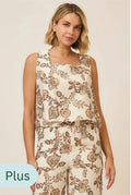 Plus Size Floral Print Sleeveless Top- Tan