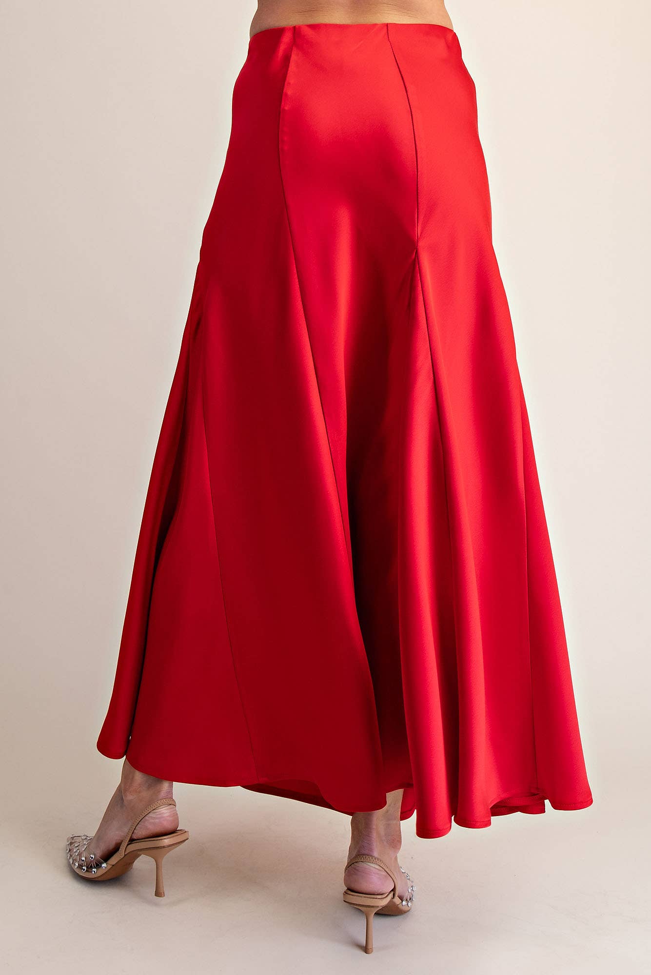 Fitted & Flare Mermaid Silhouette Satin Midi Skirt- Red