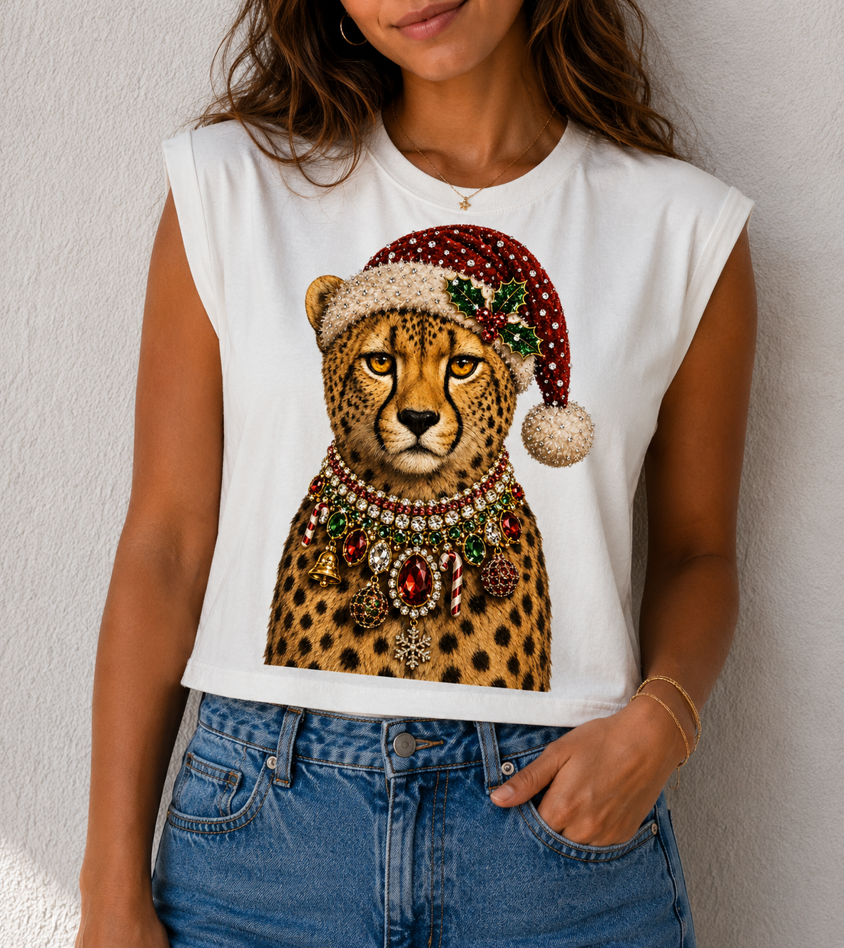 Jeweled Collar Santa Hat Leopard Graphic Tee