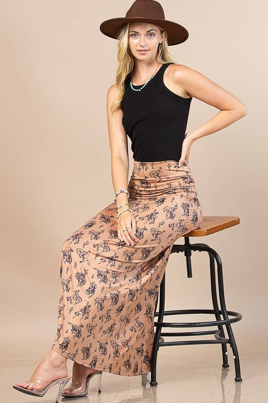 Western Bucking Horses Print Knit Maxi Skirt