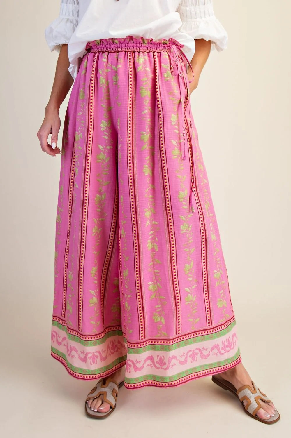 Border Print Cotton Pants- Pink