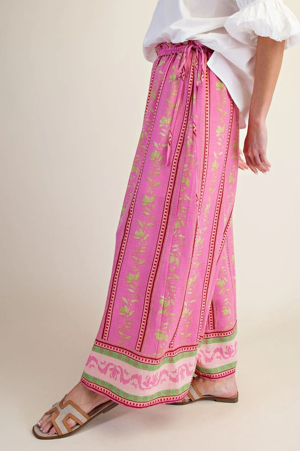 Border Print Cotton Pants- Pink