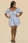 Plus Size Printed Romper- Blue