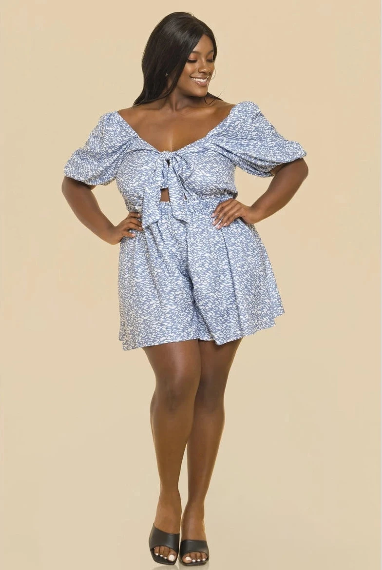 Plus Size Printed Romper- Blue