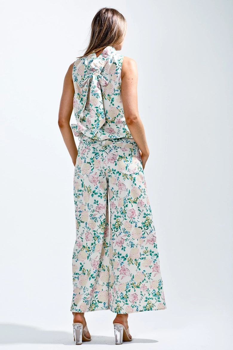 Waist String Flower Printed Wide Pants- Cream