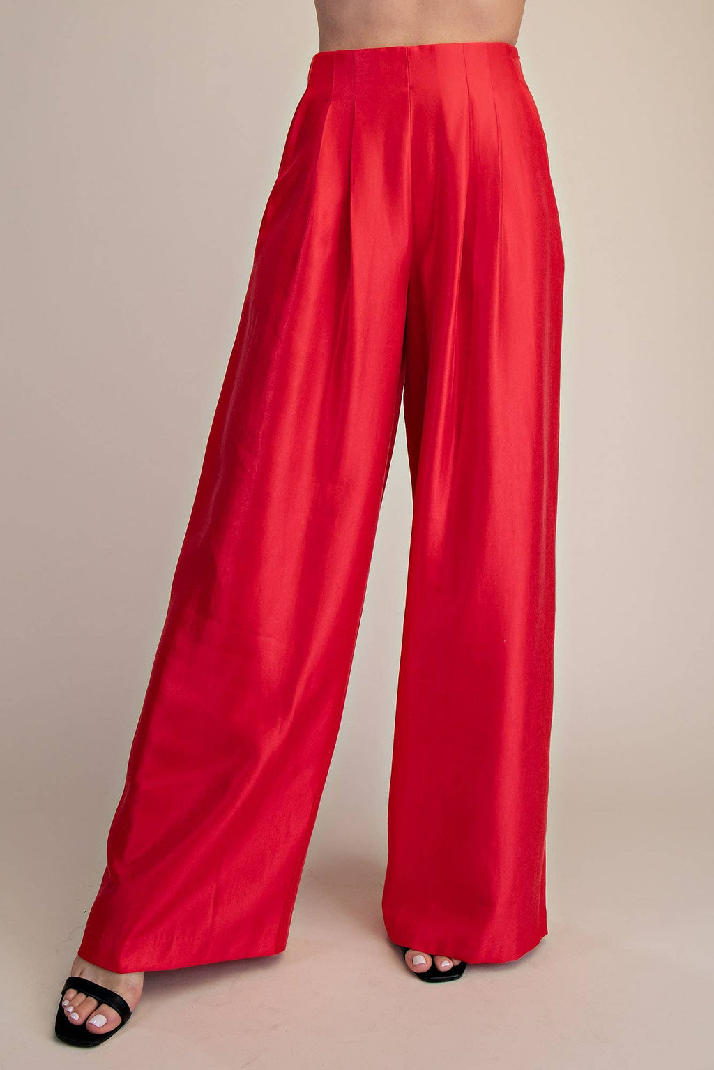 Pleated High-Waisted Wide Pants- Red