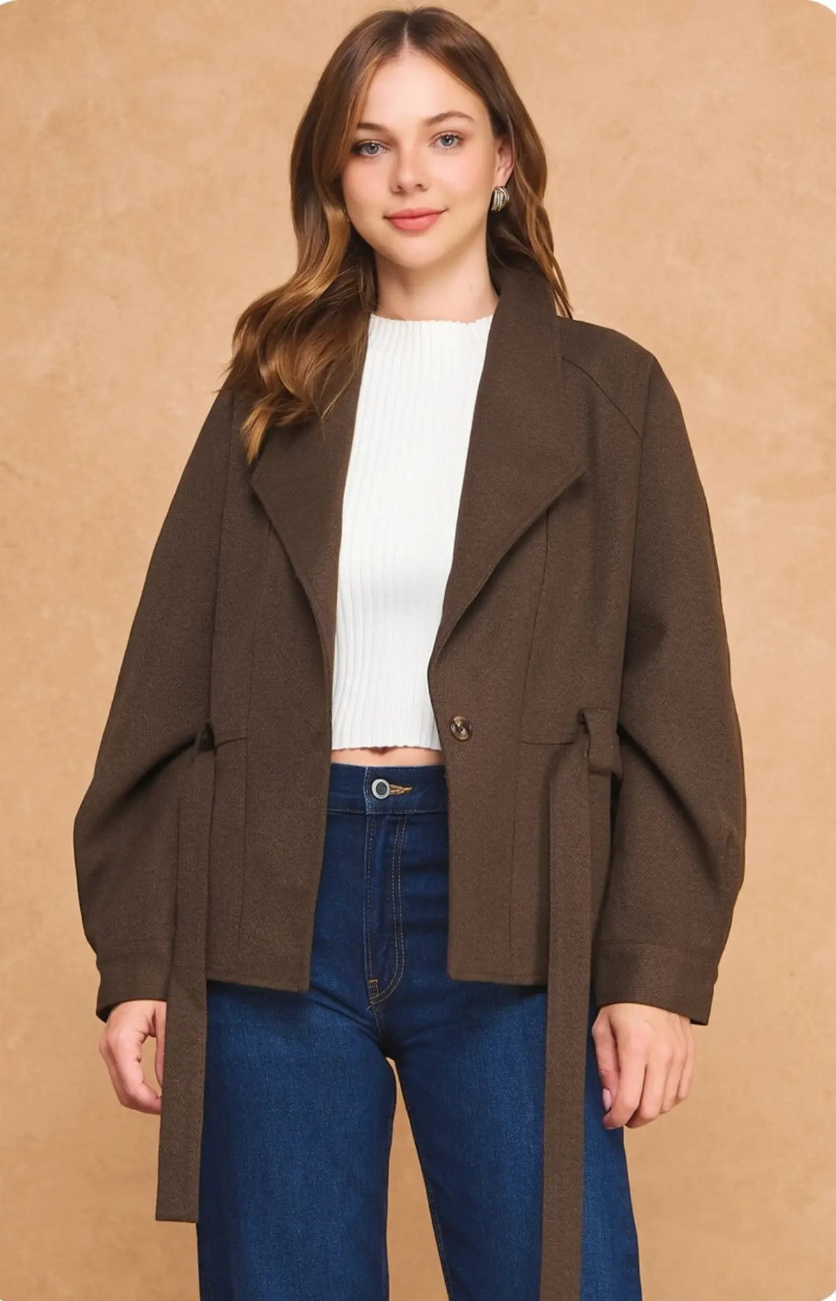 Textured Woven Short Belted Wrap Jacket- Brown