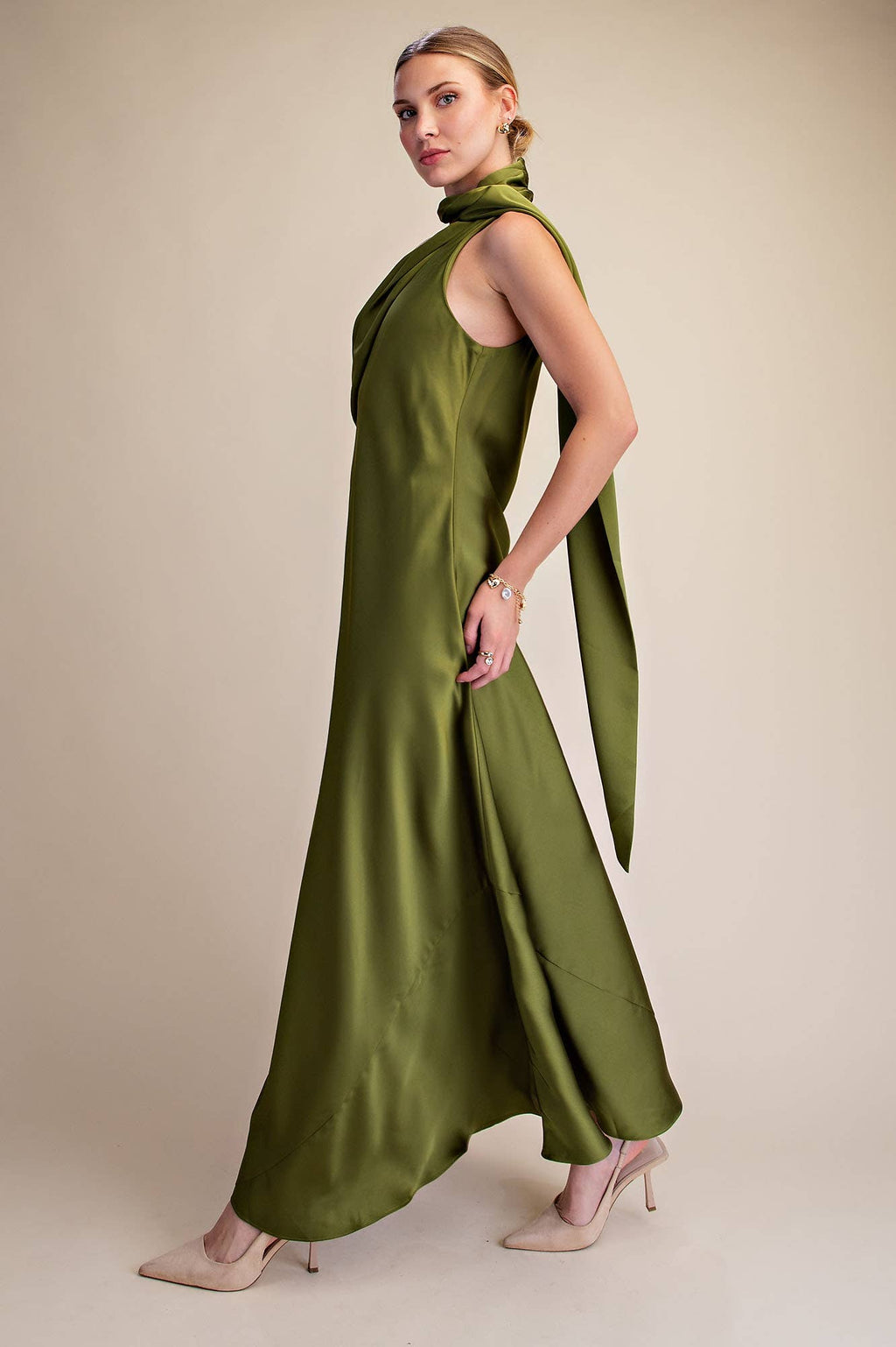 Mock Neck One Shoulder Sleeveless Satin Maxi Dress