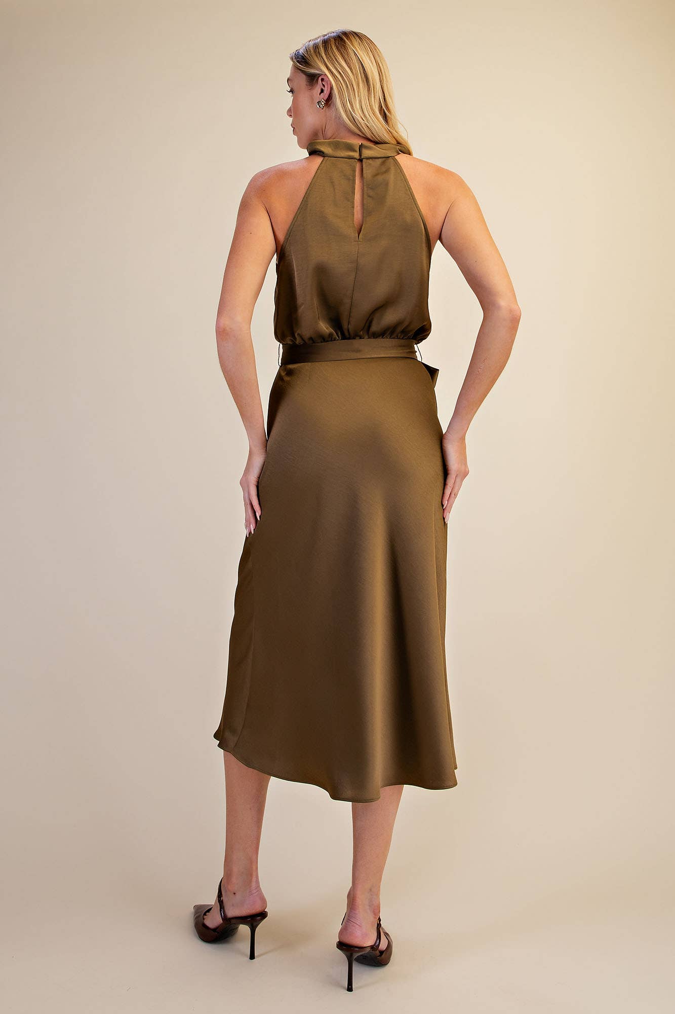 Cowl Neck Sleeveless Waist Tie Midi Dress