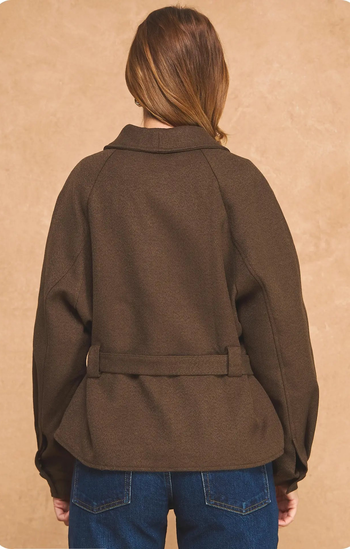 Textured Woven Short Belted Wrap Jacket- Brown