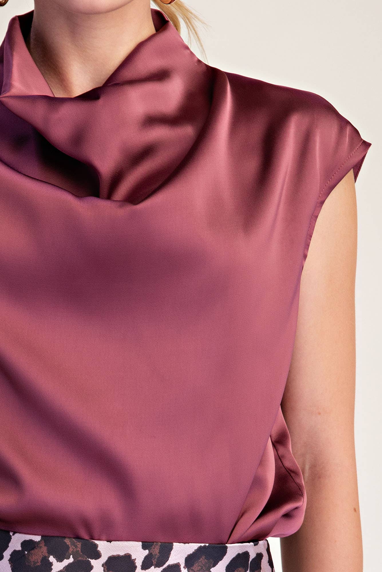 Cowl Neck Sleeveless Satin Top- Rose