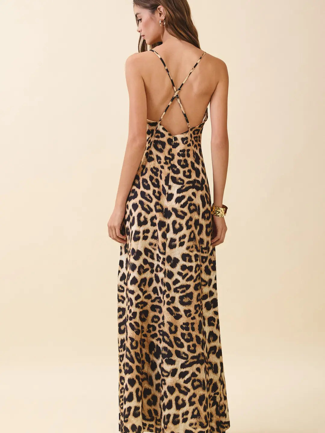 Leopard Crisscross Back Slip Maxi Dress- Beige