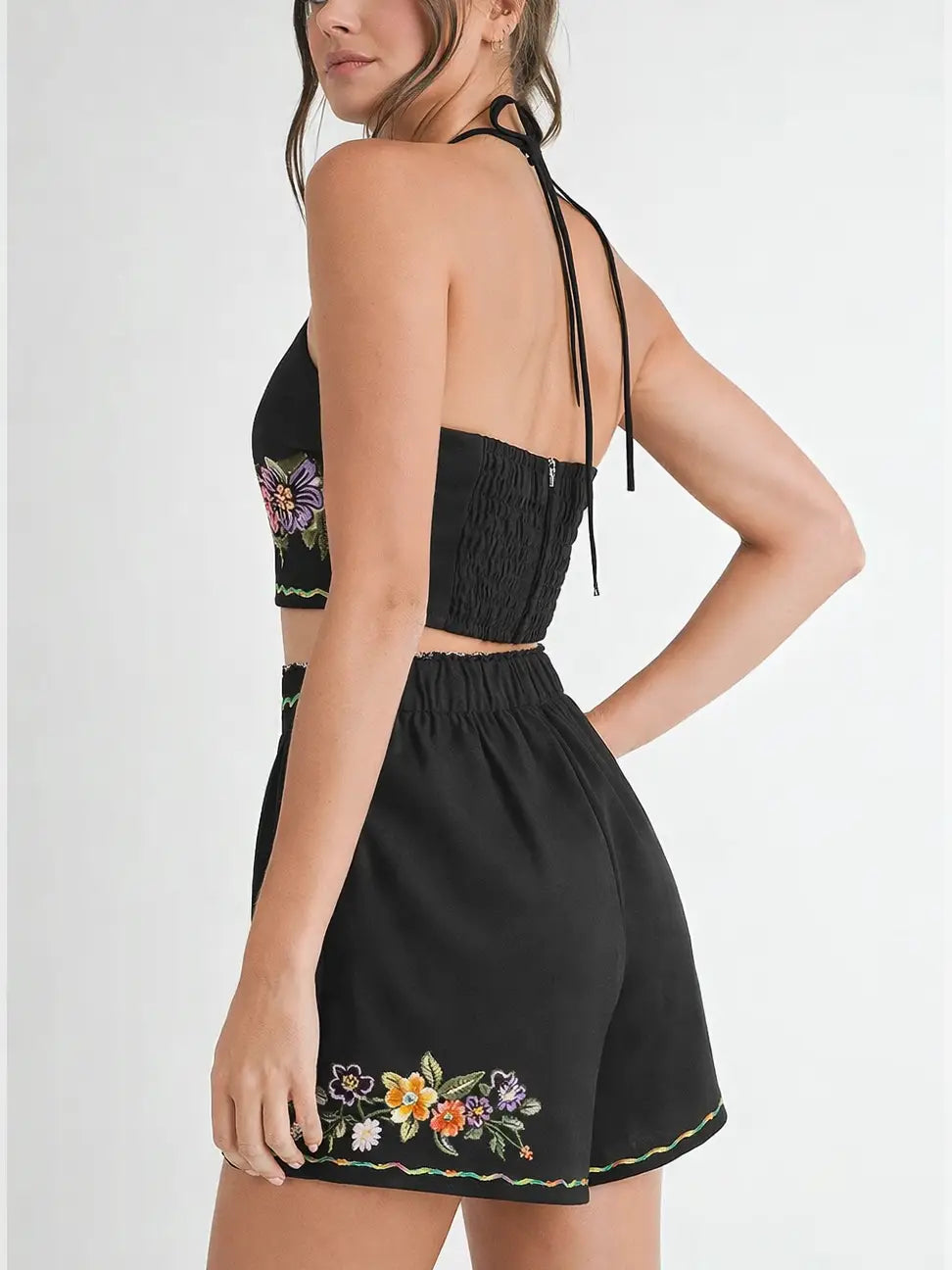 Embroidered Top and Short Set- Black