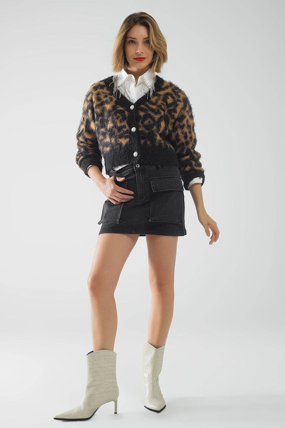 Leopard Print Wool Cardigan- Black/Brown