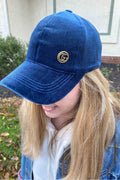 Up-Cycled Button on Velvet Cap- Blue