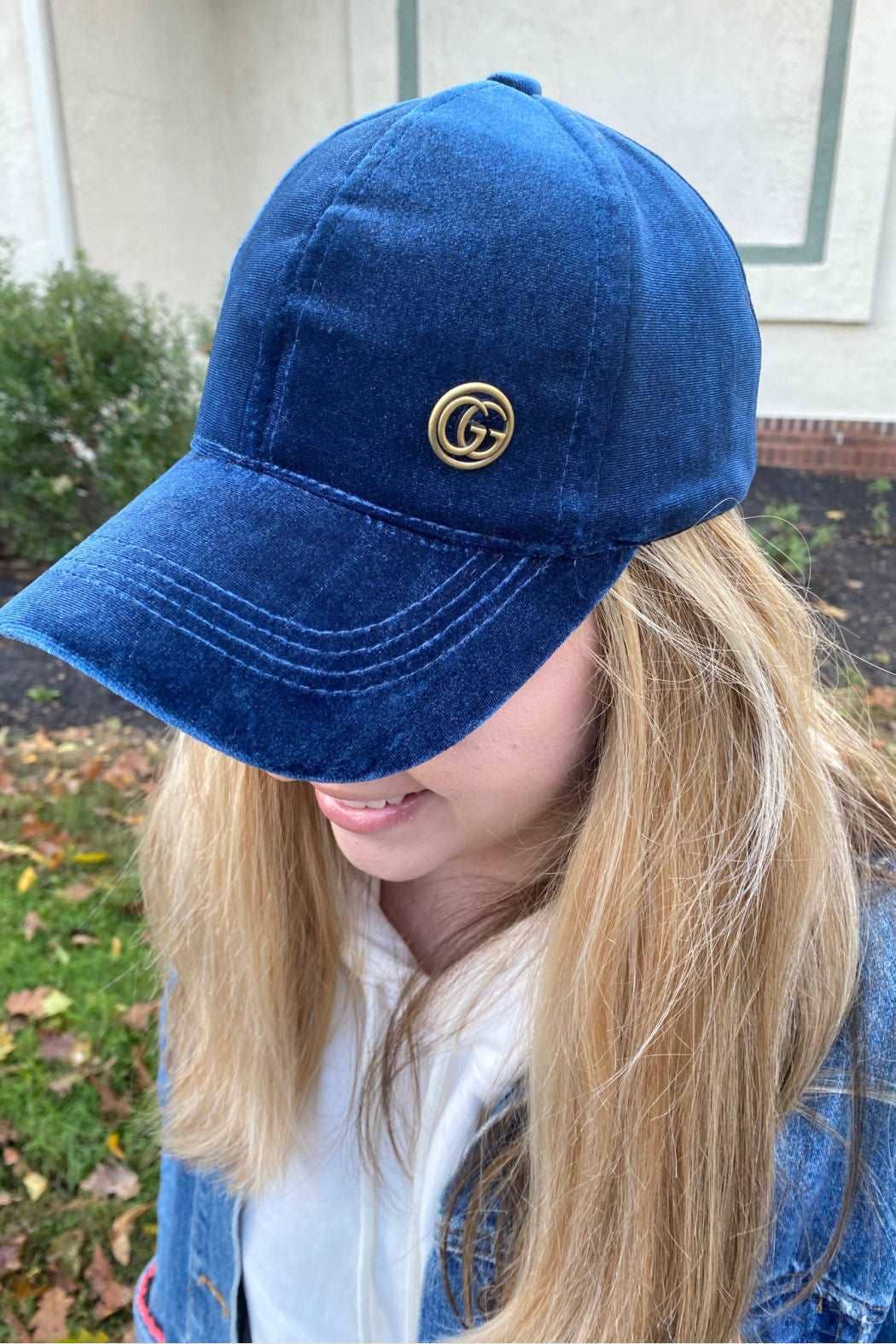 Up-Cycled Button on Velvet Cap- Blue
