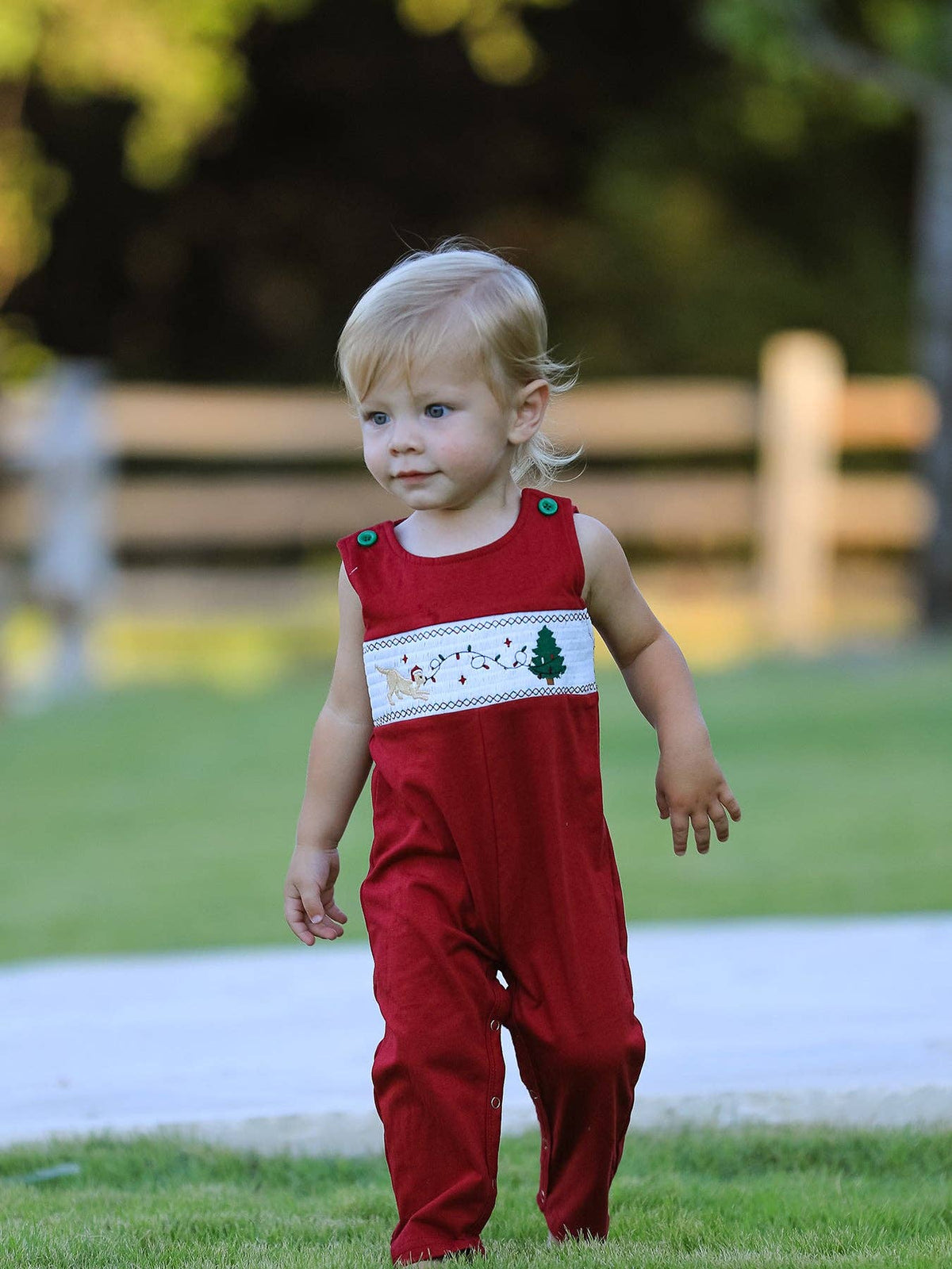 Christmas Tree Dog Embroidered Romper- Red