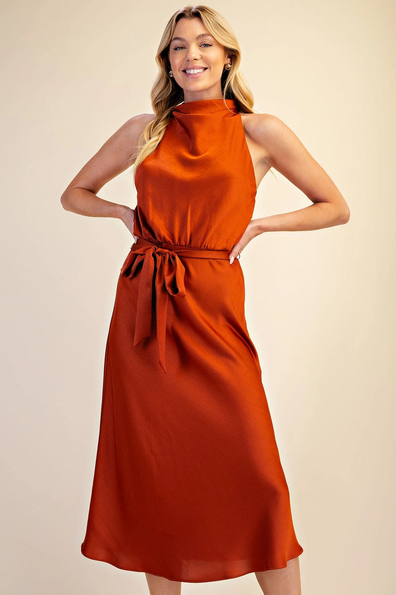 Cowl Neck Sleeveless Waist Tie Midi Dress