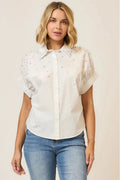Plus Size Pearl Studded Sleeve Bottom Up Top- White