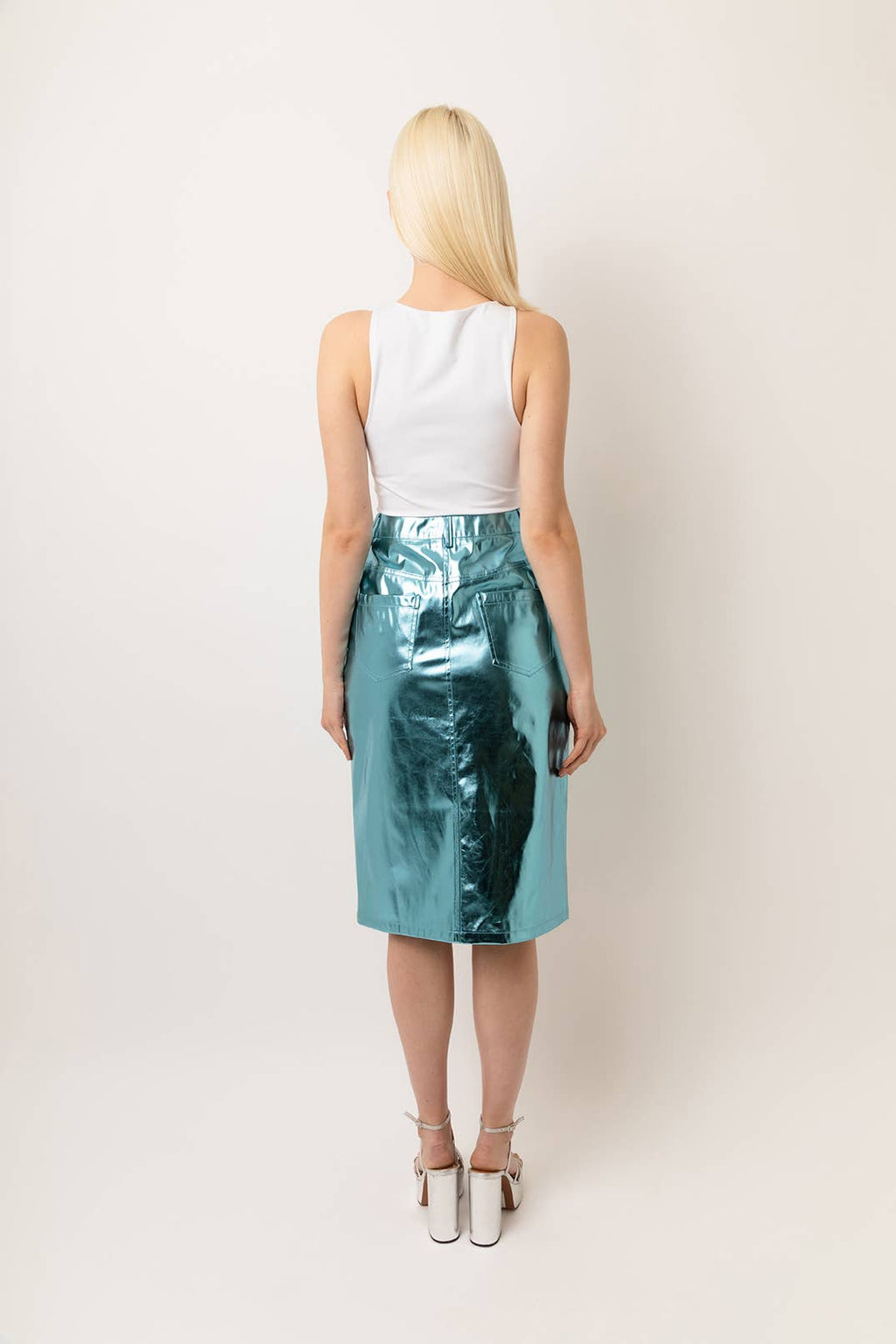 High Waist Metallic Knee Length Skirt