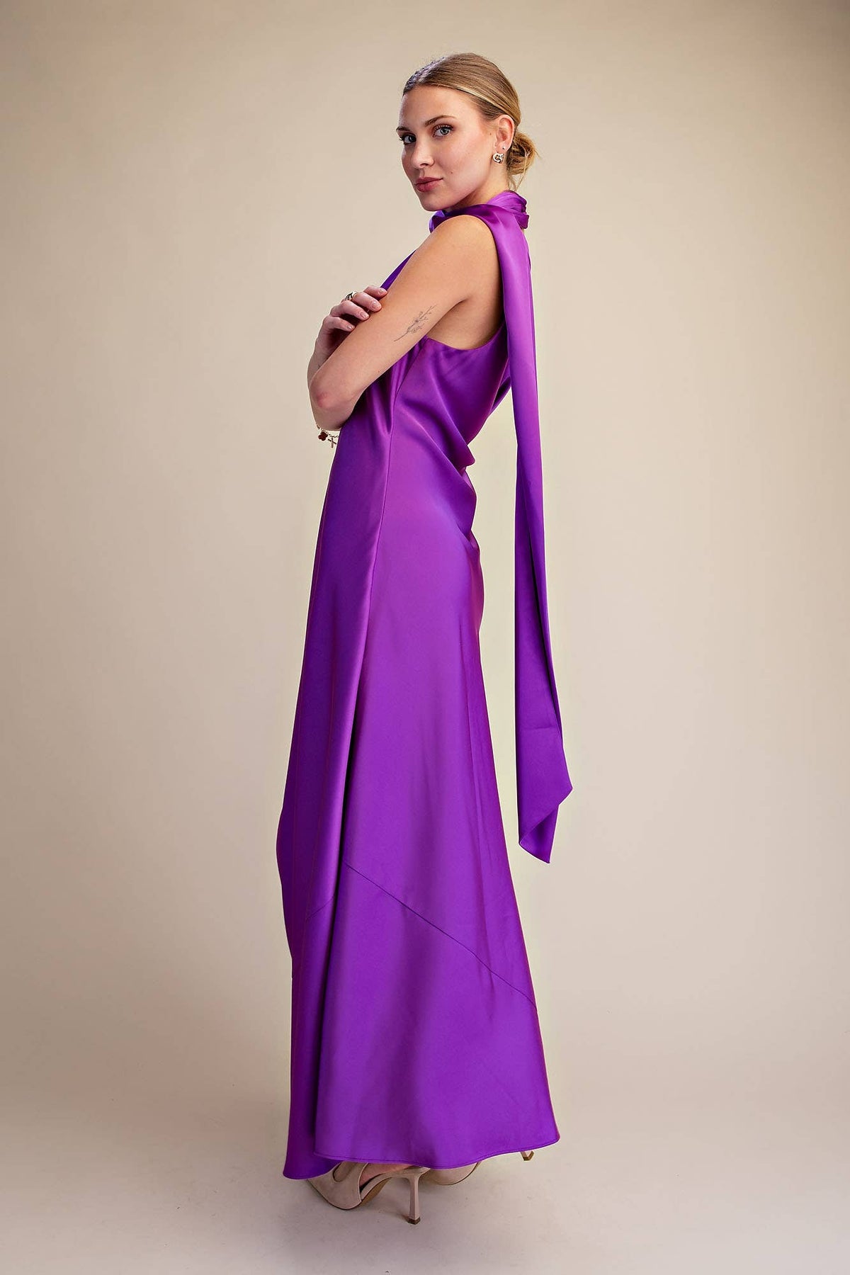 Mock Neck One Shoulder Sleeveless Satin Maxi Dress
