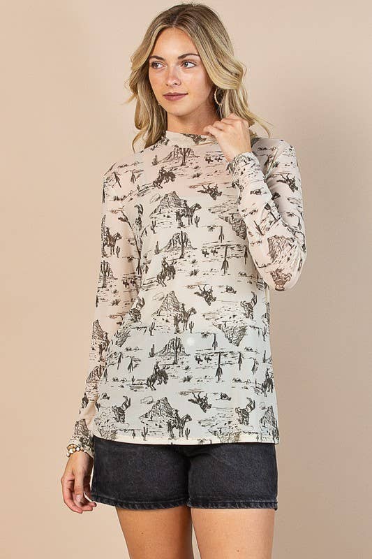 Wild West Print Semi Sheer Long Sleeve Mock Neck Mesh Top