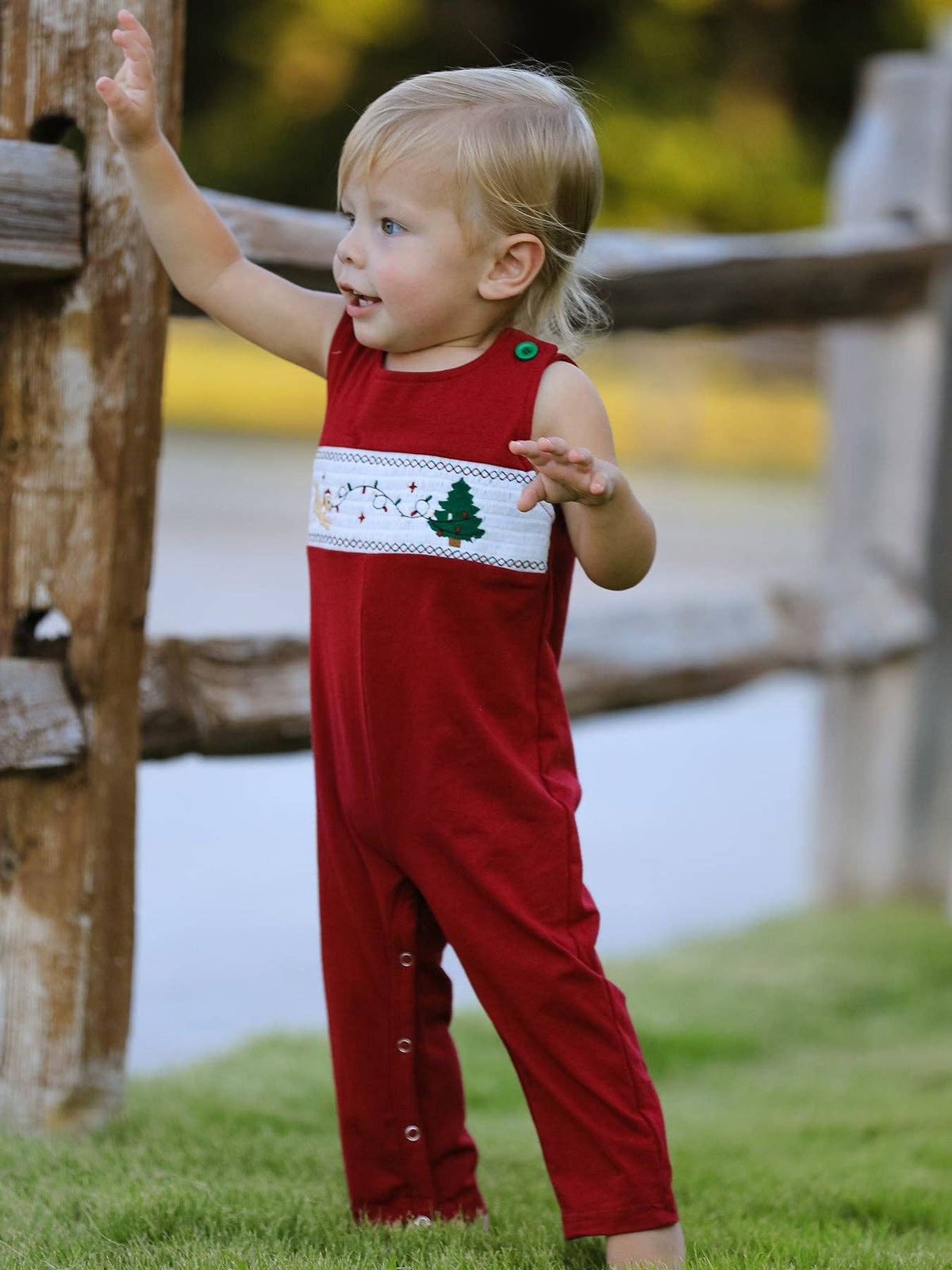 Christmas Tree Dog Embroidered Romper- Red