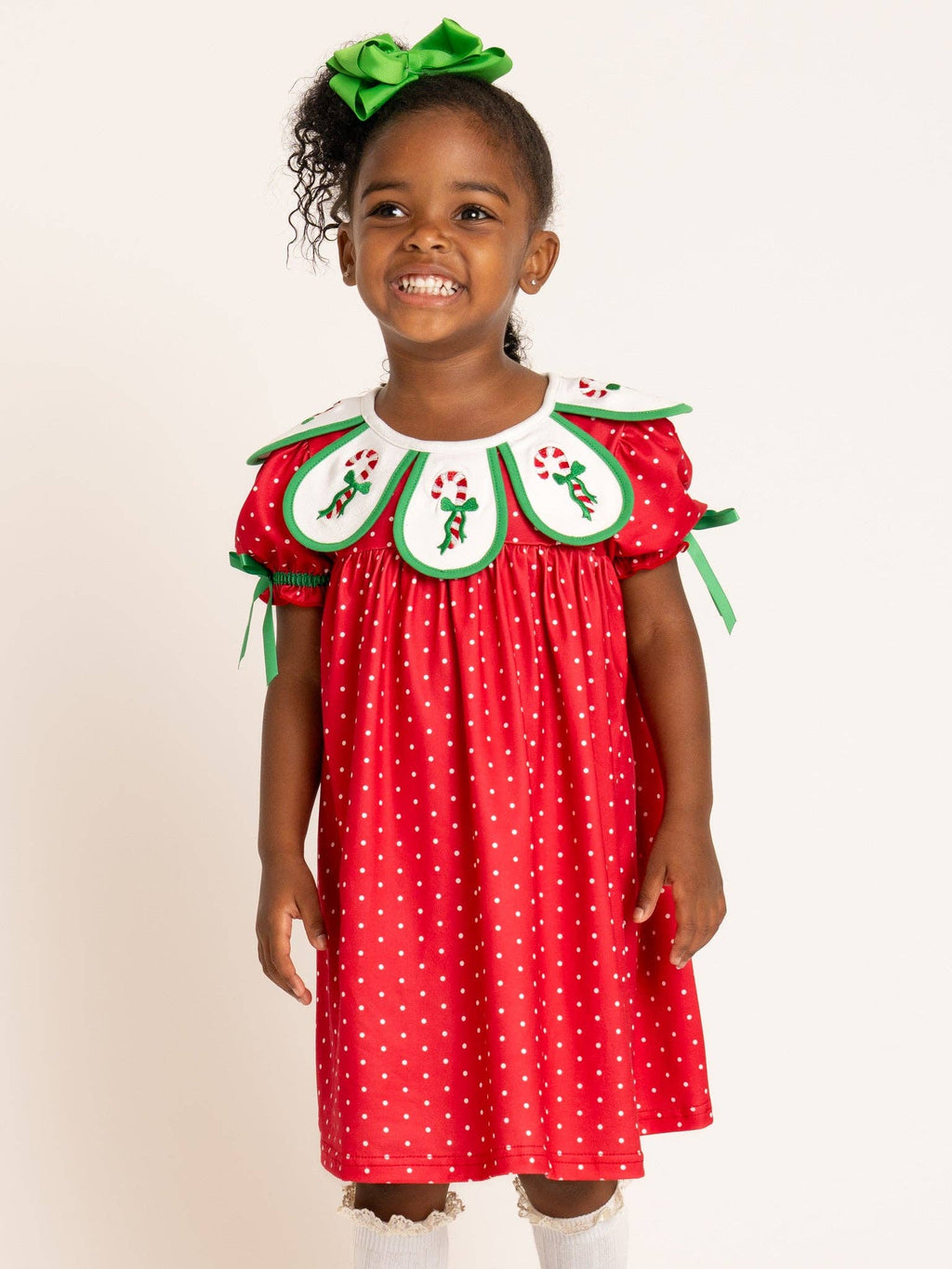 Candy Cane Embroidered Scallop Bow Dress- Red