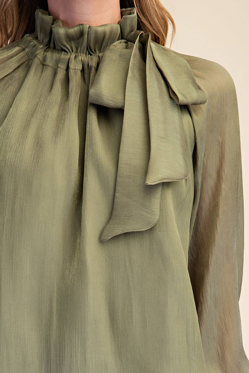 Ruffle Neck Long Sleeve Blouse- Olive