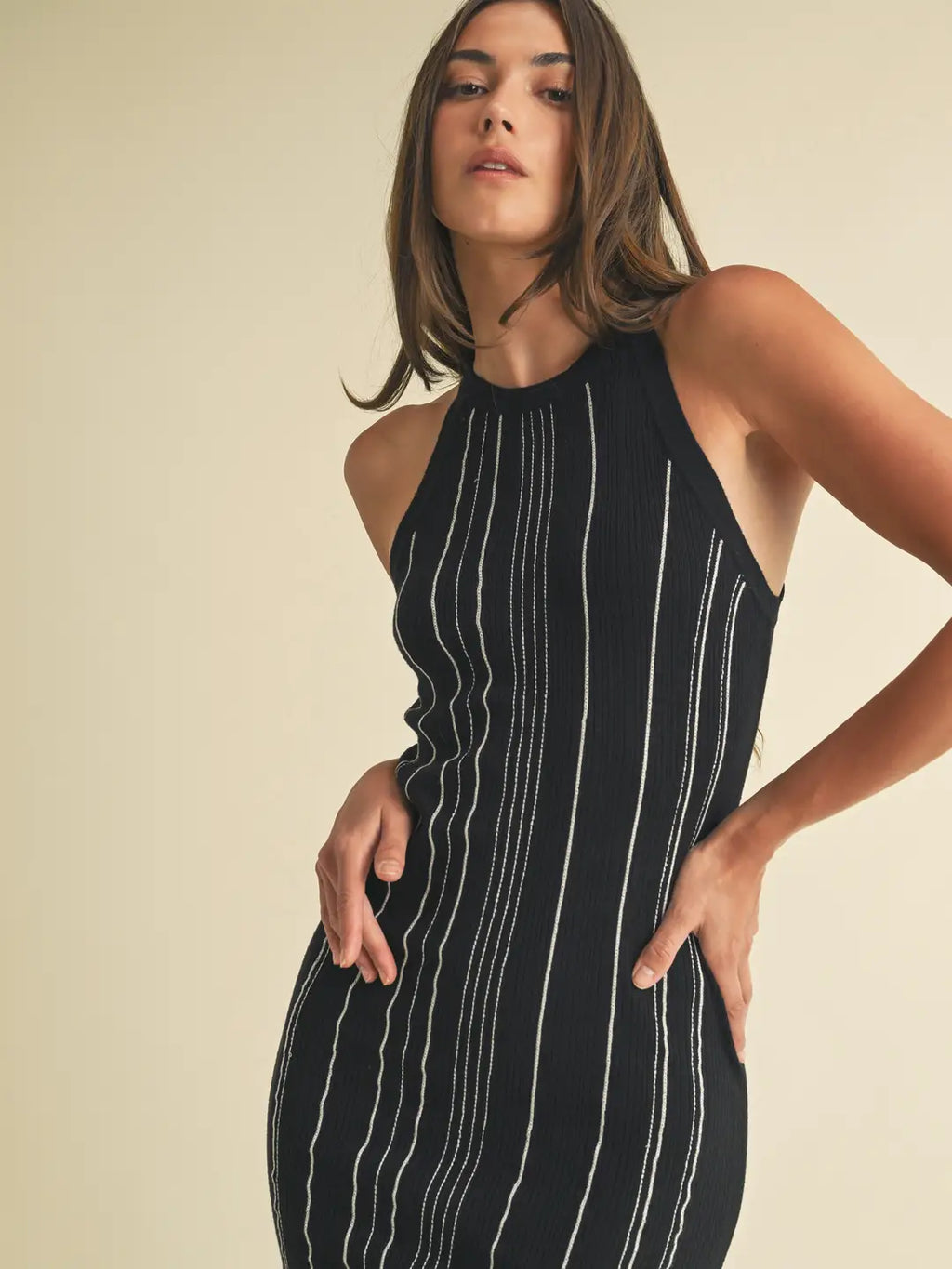 Sweater Stripe Knit Maxi Dress- Black/White